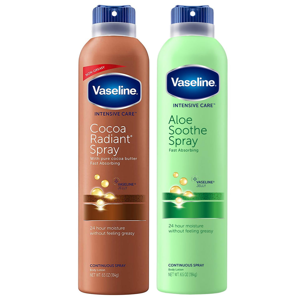 Vaseline front packaging of Cocoa Radiant and Aloe Soothe two-pack showing product benefits