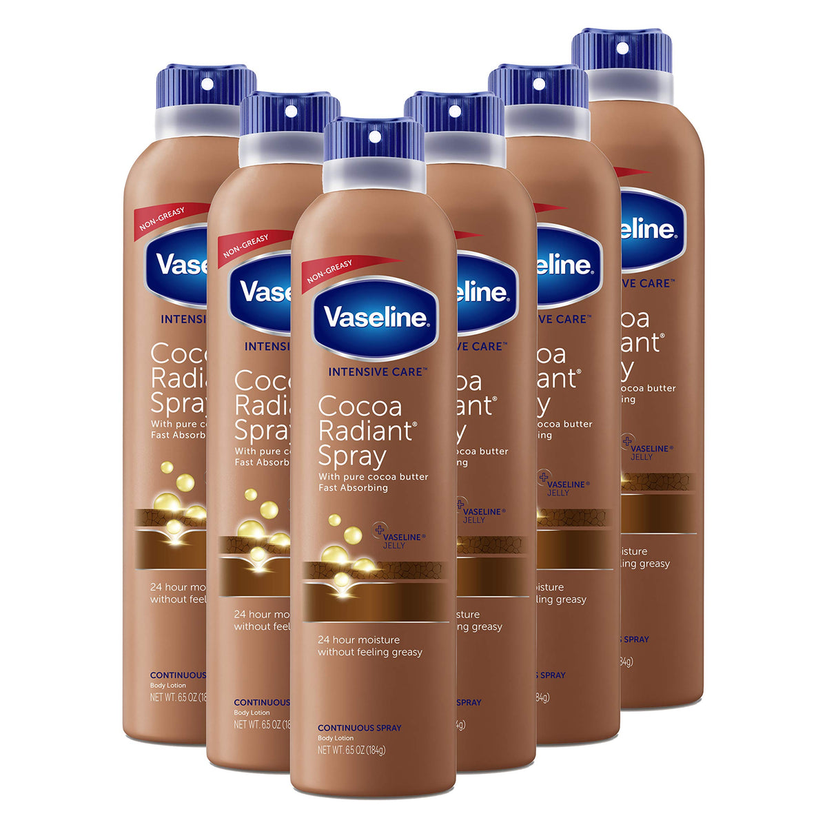 Vaseline front view of six-pack showing packaging and quick application benefit