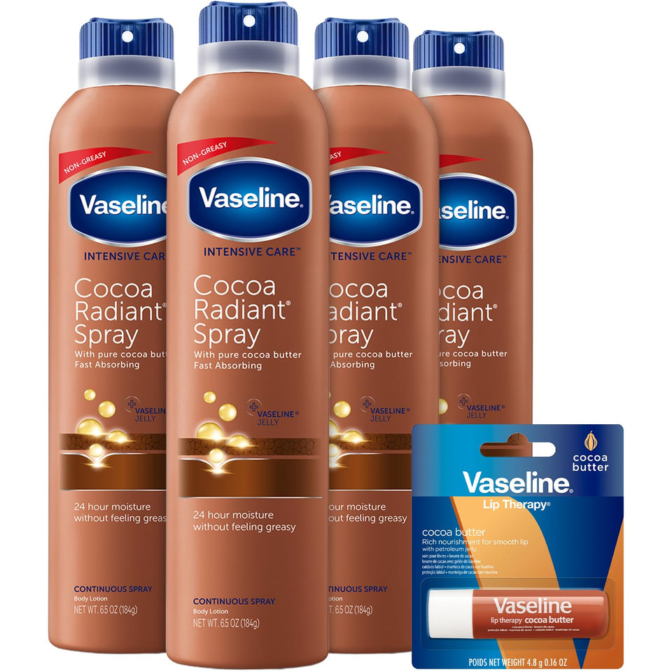 Vaseline cocoa radiant front packaging showing four sprays and lip stick for value