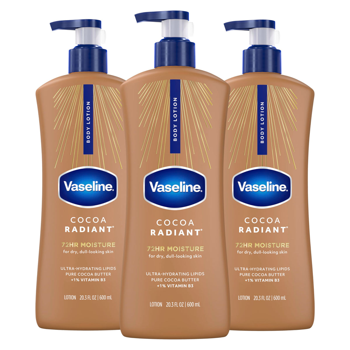 Vaseline front packaging showing three 20.3 oz bottles for long-lasting hydration