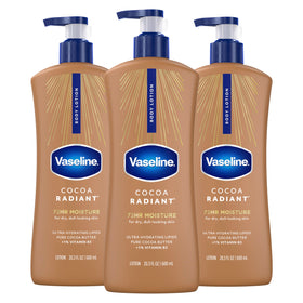 Vaseline front packaging showing three 20.3 oz bottles for long-lasting hydration