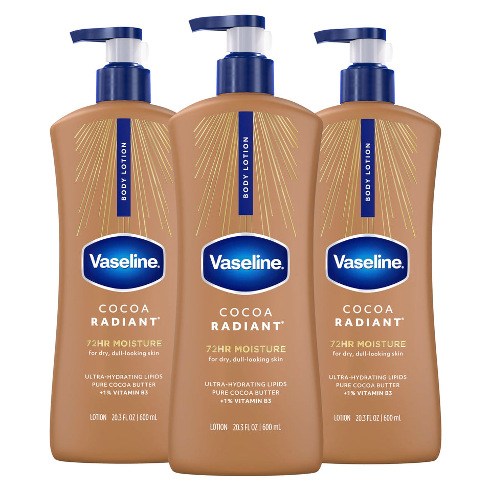 Vaseline front packaging showing three 20.3 oz bottles for long-lasting hydration