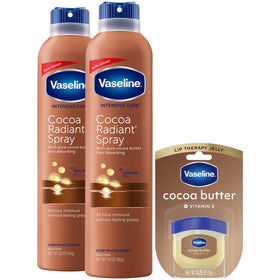 Vaseline front packaging showing two spray bottles and mini lip tin for convenient hydration