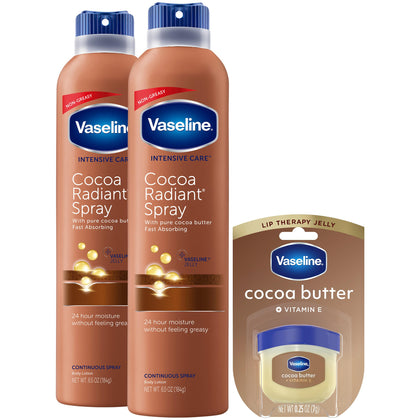 Vaseline front packaging showing two spray bottles and mini lip tin for convenient hydration