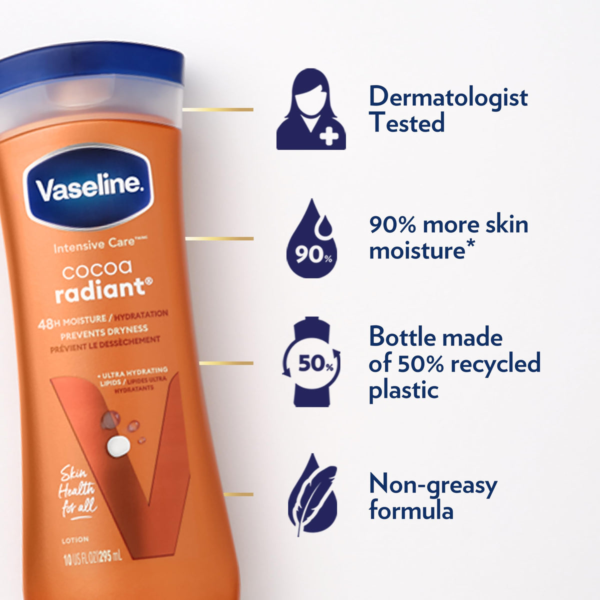 Vaseline open cap pump close-up showing easy dispensing benefit