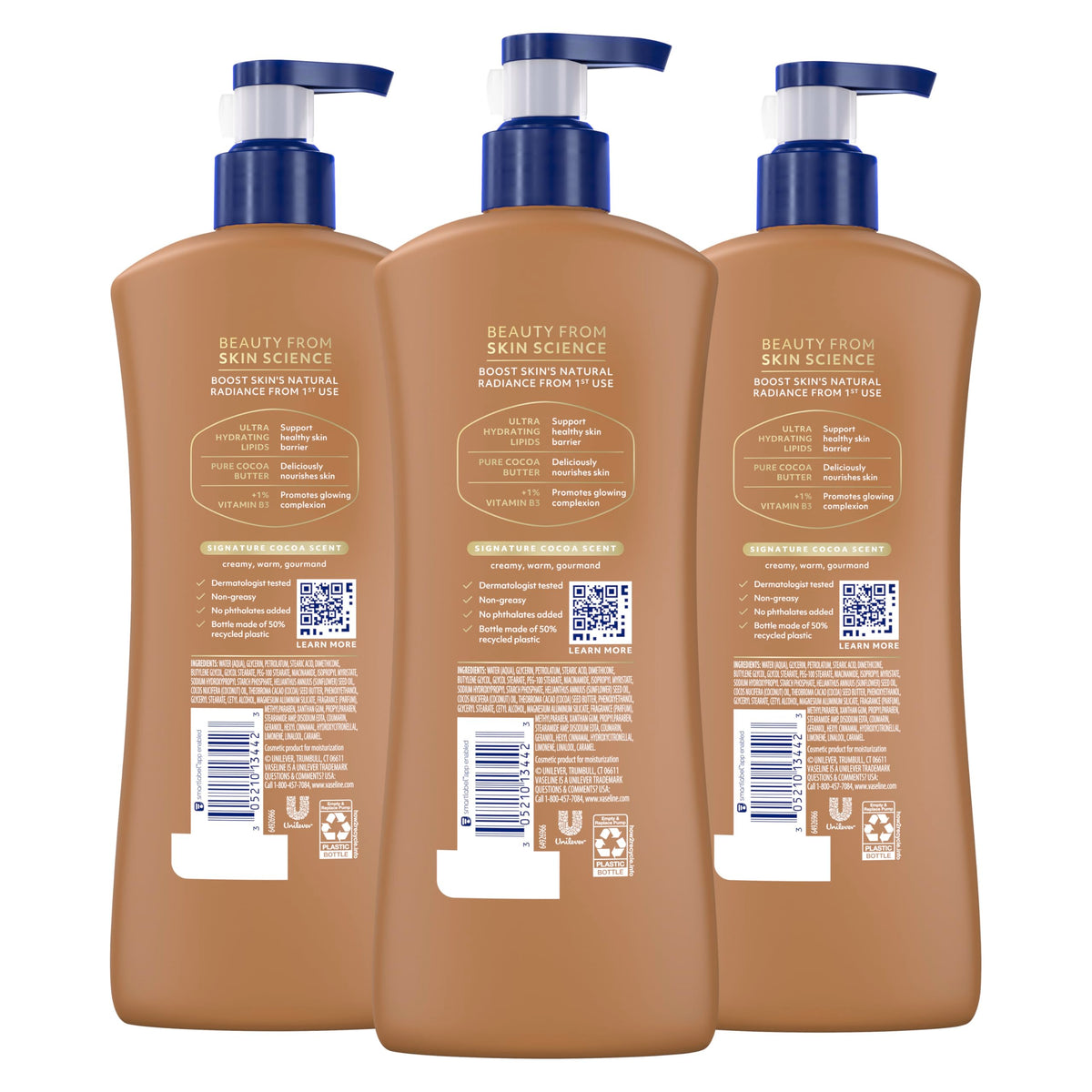 Vaseline label and pump close-up highlighting recyclable pump and ingredient callouts