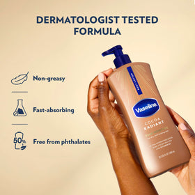Vaseline pump dispensing lotion on leg to show quick application benefit