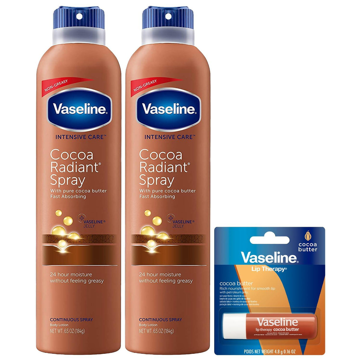 Vaseline front packaging showing two cocoa radiant spray bottles for fast hydration