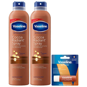 Vaseline front packaging showing two cocoa radiant spray bottles for fast hydration
