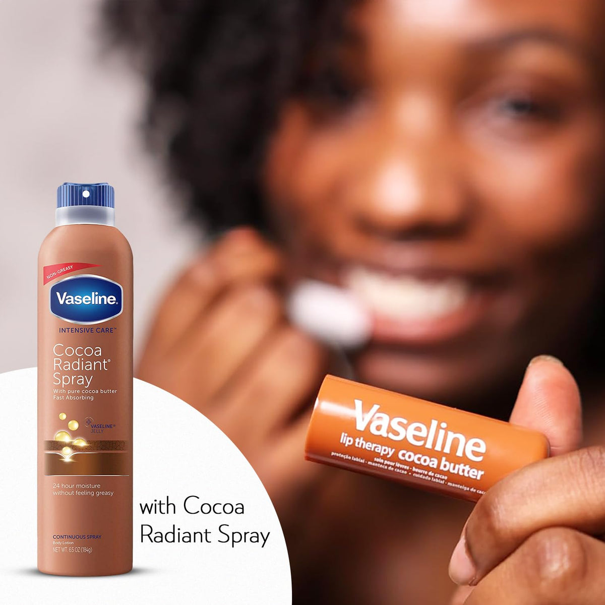 Vaseline spray action mist demonstrating quick body coverage and non-greasy finish