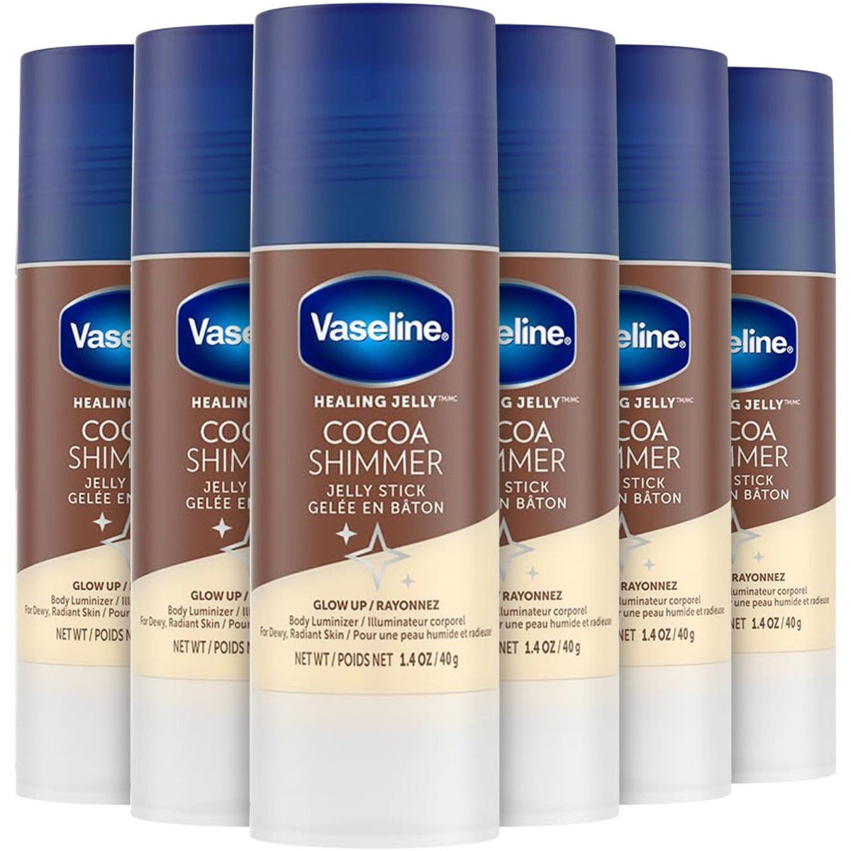 Vaseline front packaging showing cocoa shimmer stick and benefits of glow