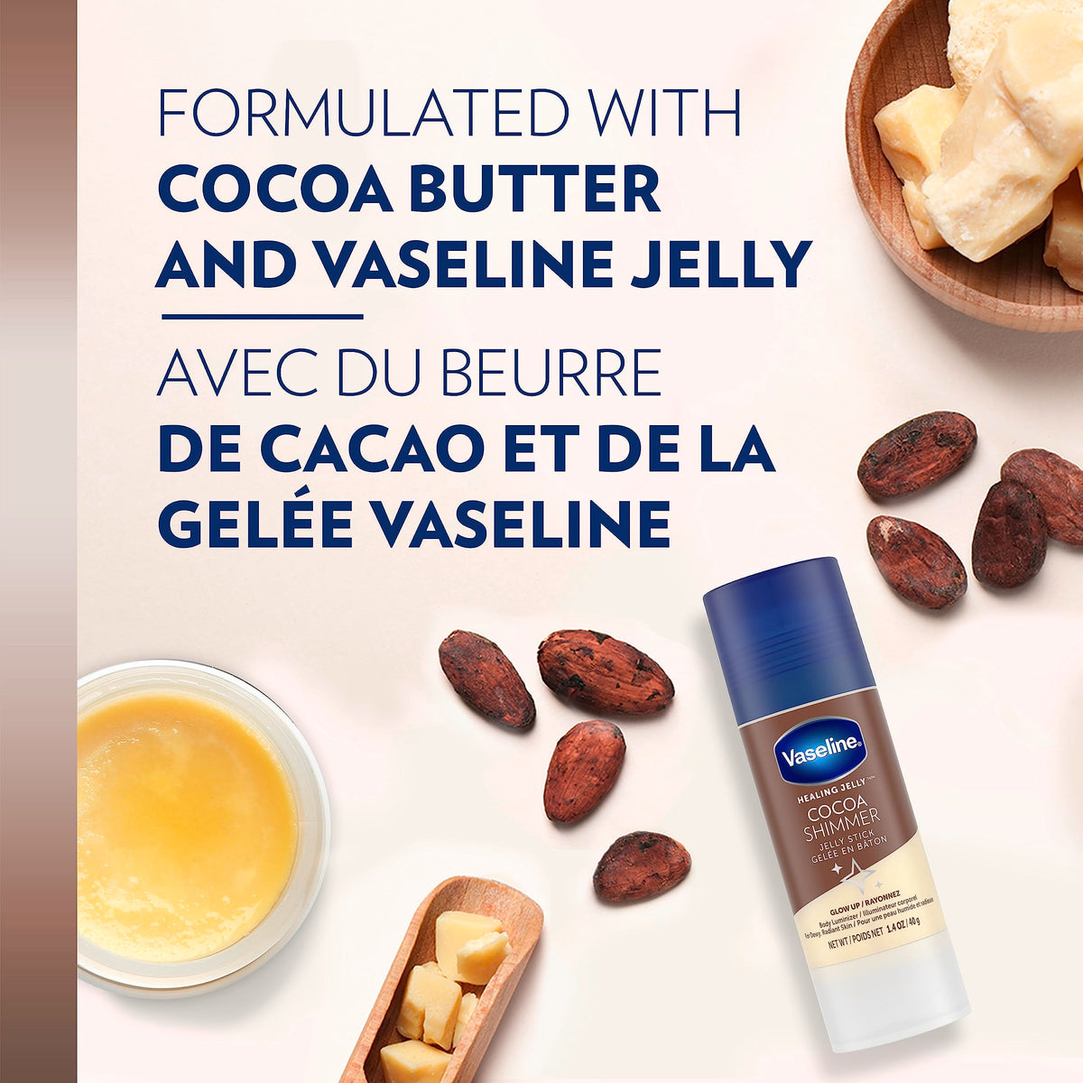 Vaseline cocoa shimmer stick with cap removed highlighting travel-friendly design