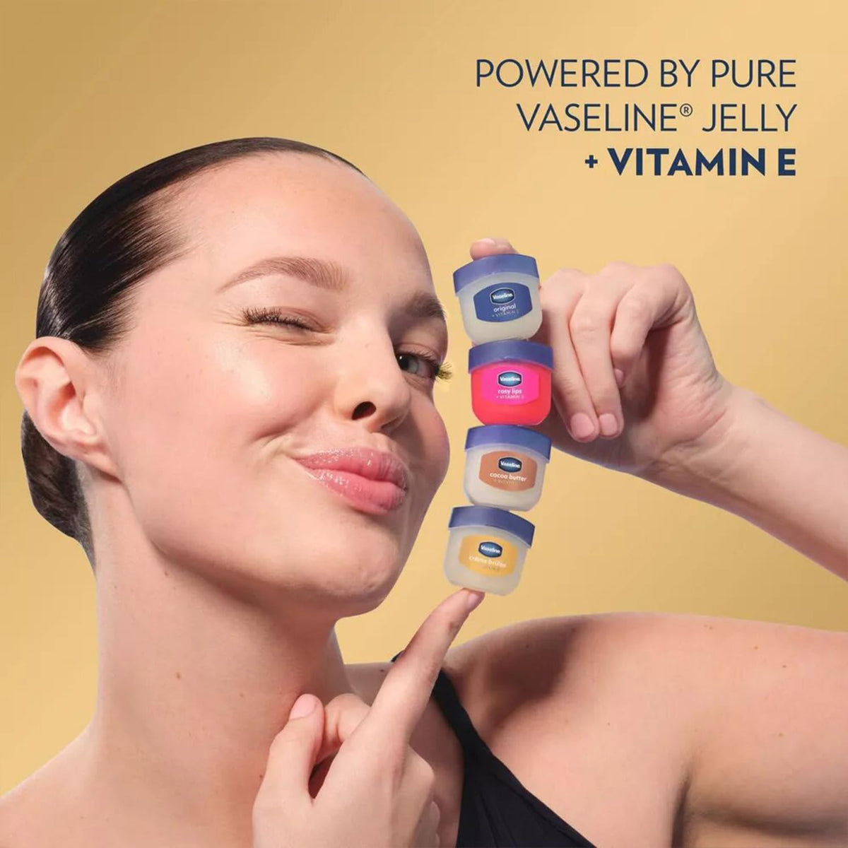 Vaseline applied on lips close-up showing soft, hydrated finish benefit