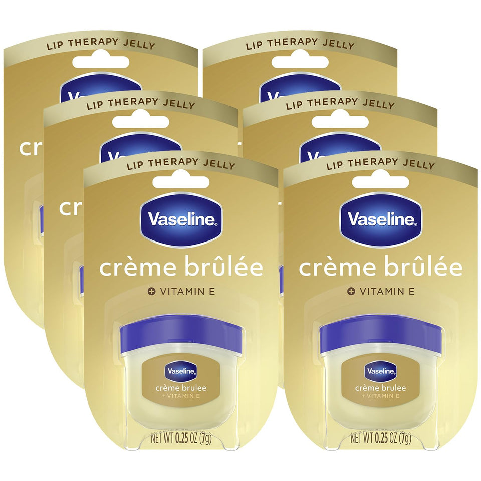 Vaseline front packaging showing six creme brulee mini jars and readable label benefits