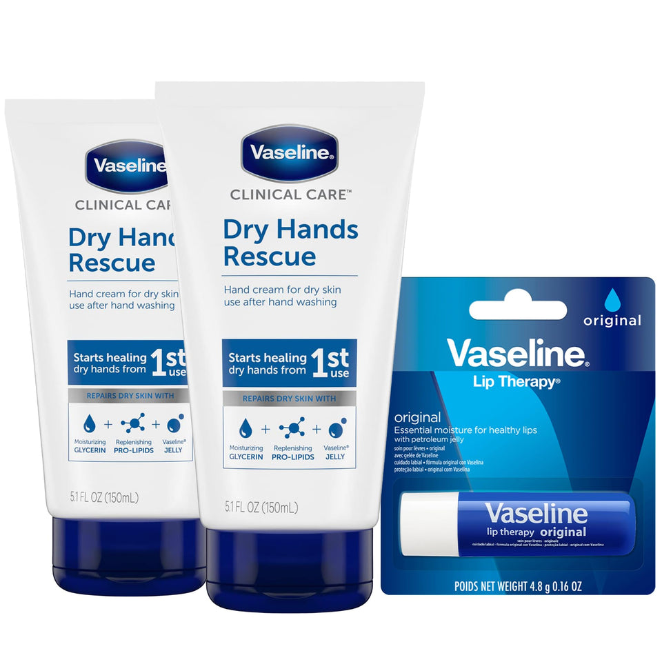 Vaseline front packaging of Dry Hands Rescue two-pack showing tube benefits