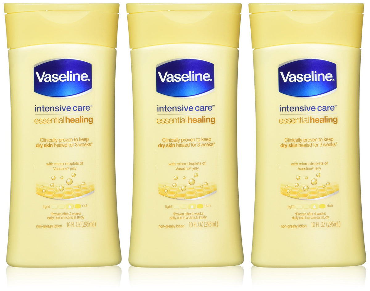 Vaseline front packaging showing three 10 oz bottles, quick absorption benefit
