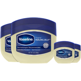 Vaseline front packaging showing 13oz and mini jars for family care