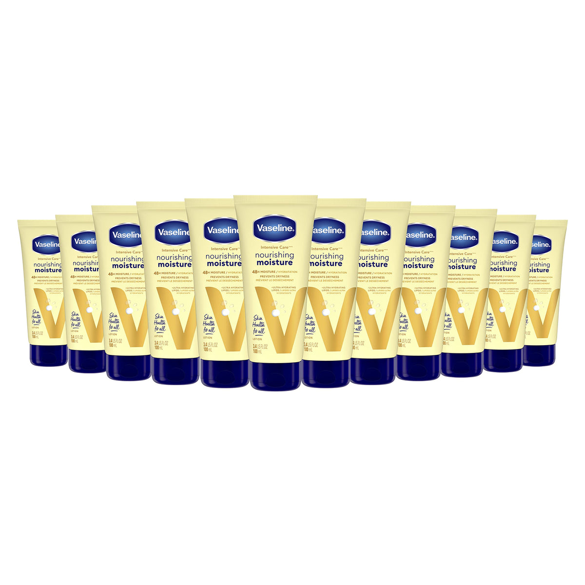 Vaseline front packaging showing bottle and label, clear brand hydration benefit