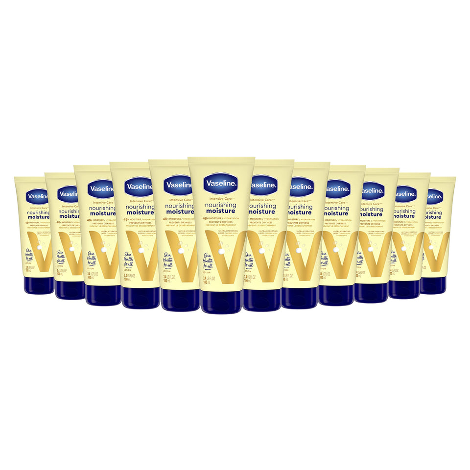 Vaseline front packaging showing bottle and label, clear brand hydration benefit
