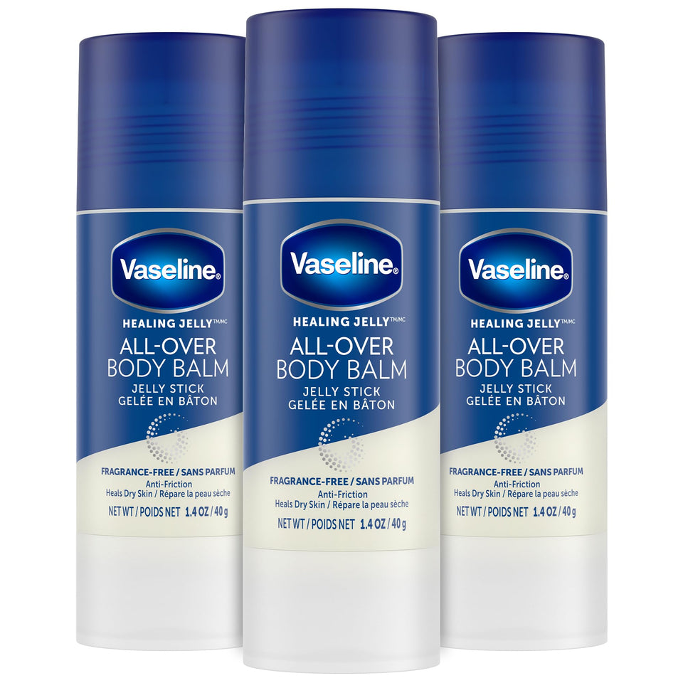 Vaseline front packaging showing three balm sticks and benefits