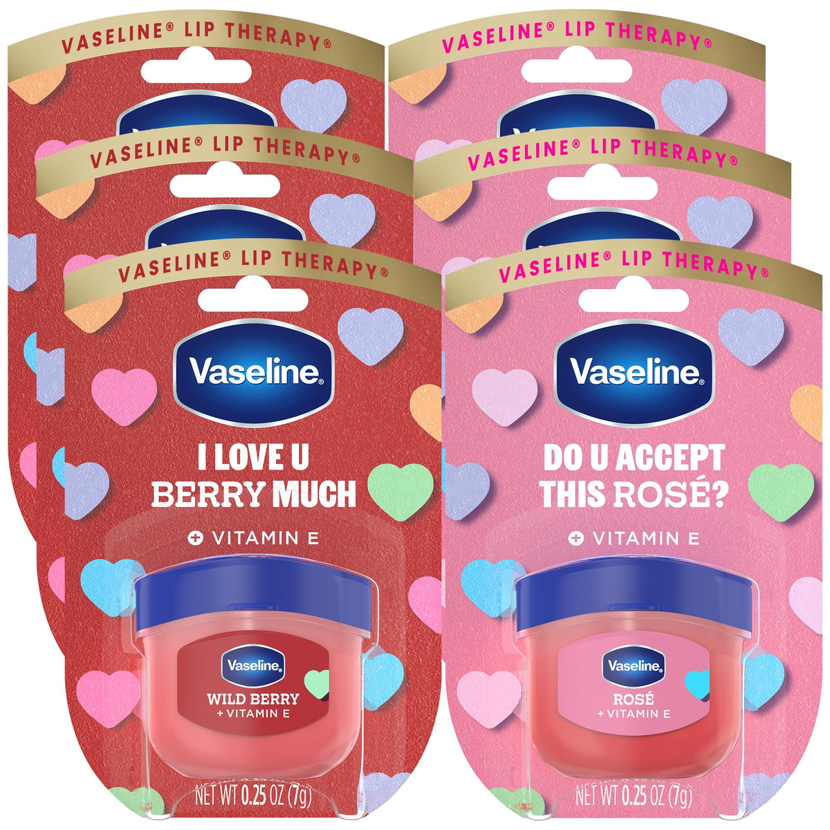 Vaseline front packaging showing six mini jars and variety benefits