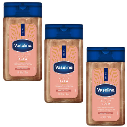 Vaseline front packaging showing six travel bottles and radiant finish benefit
