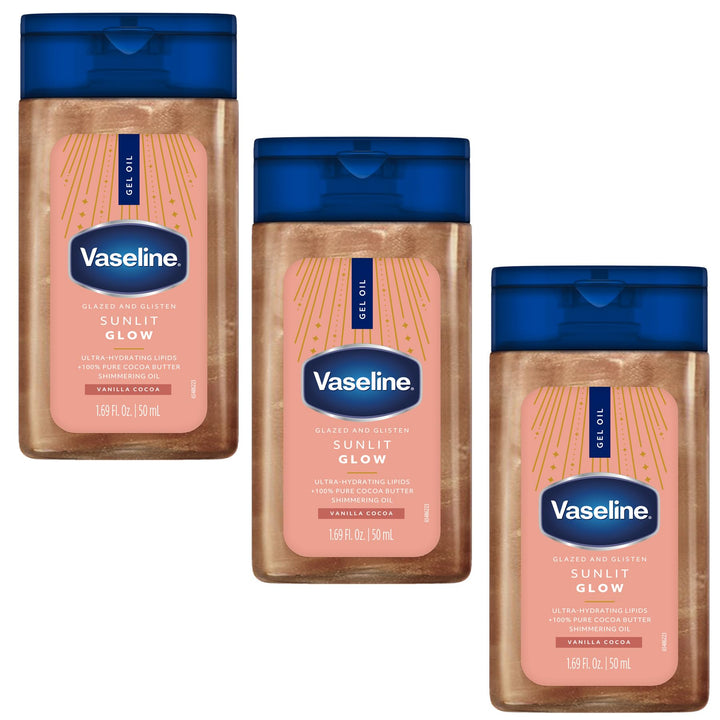 Vaseline front packaging showing six travel bottles and radiant finish benefit