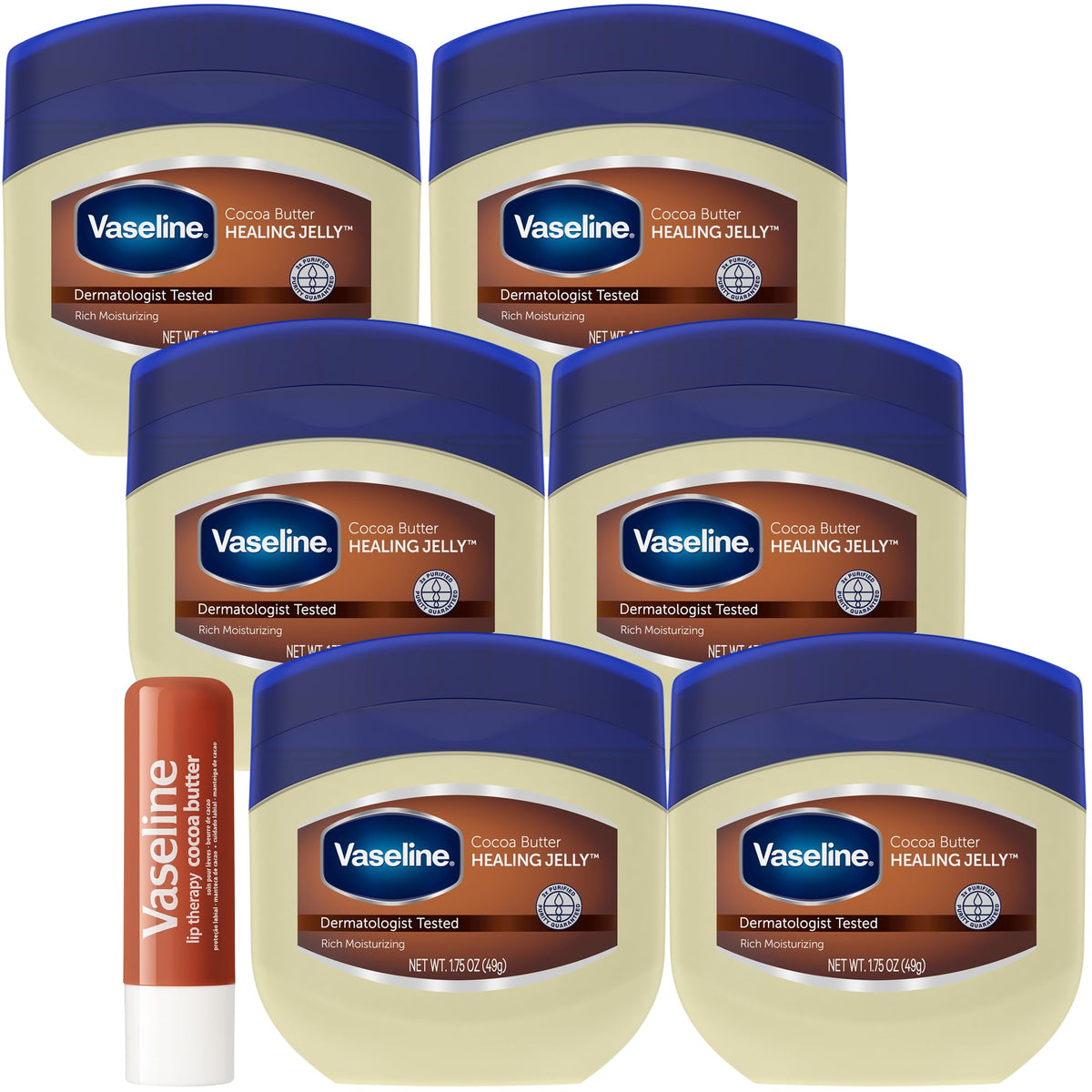Vaseline front packaging showing six travel-size jars and benefits