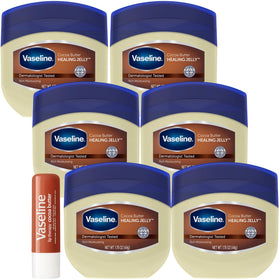 Vaseline front packaging showing six travel-size jars and benefits