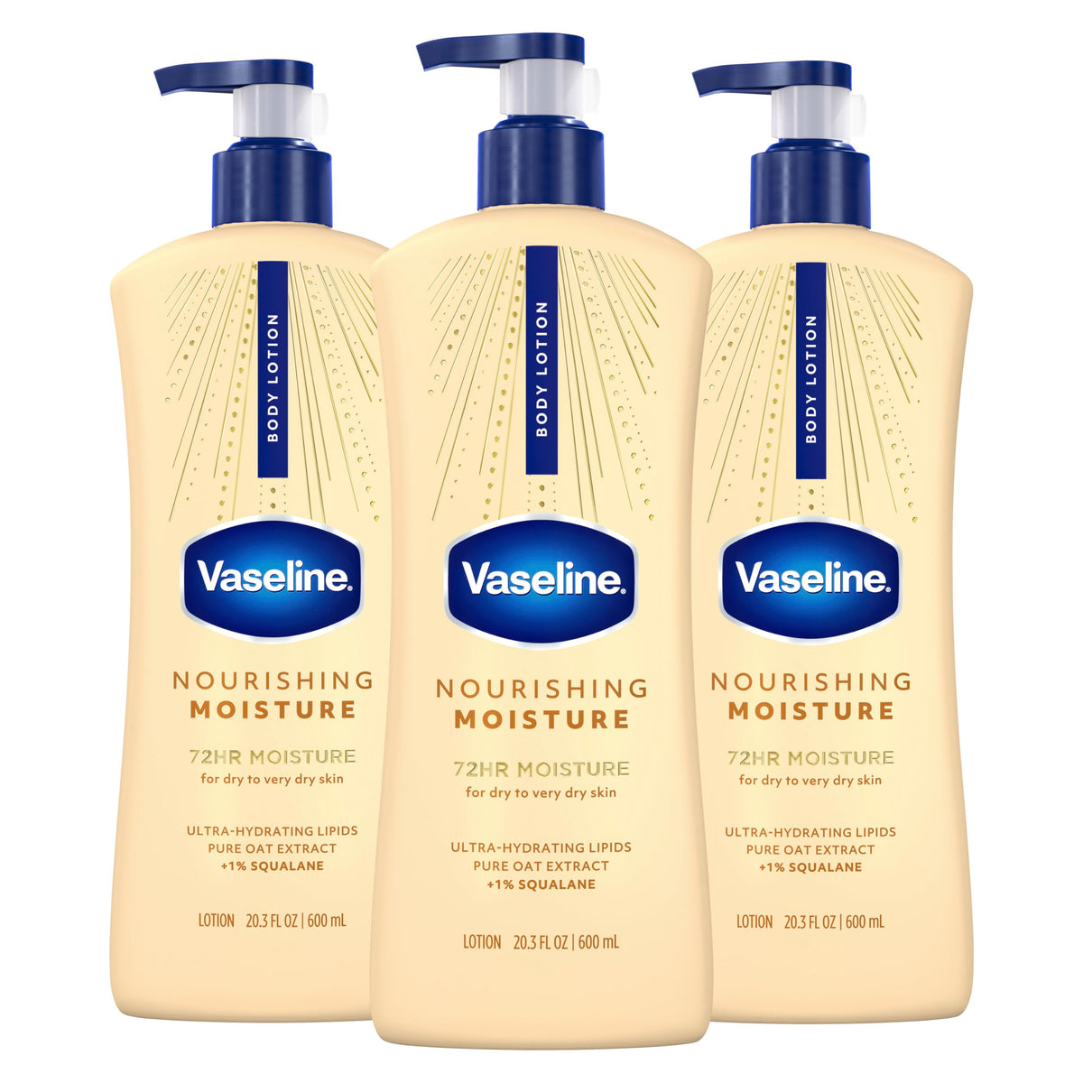 Vaseline front packaging showing three bottles and clear product benefit