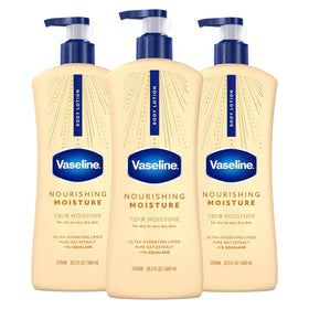 Vaseline front packaging showing three bottles and clear product benefit