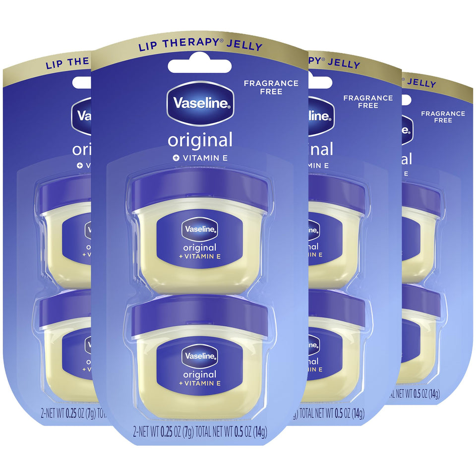 Vaseline front packaging showing eight mini jars and convenience