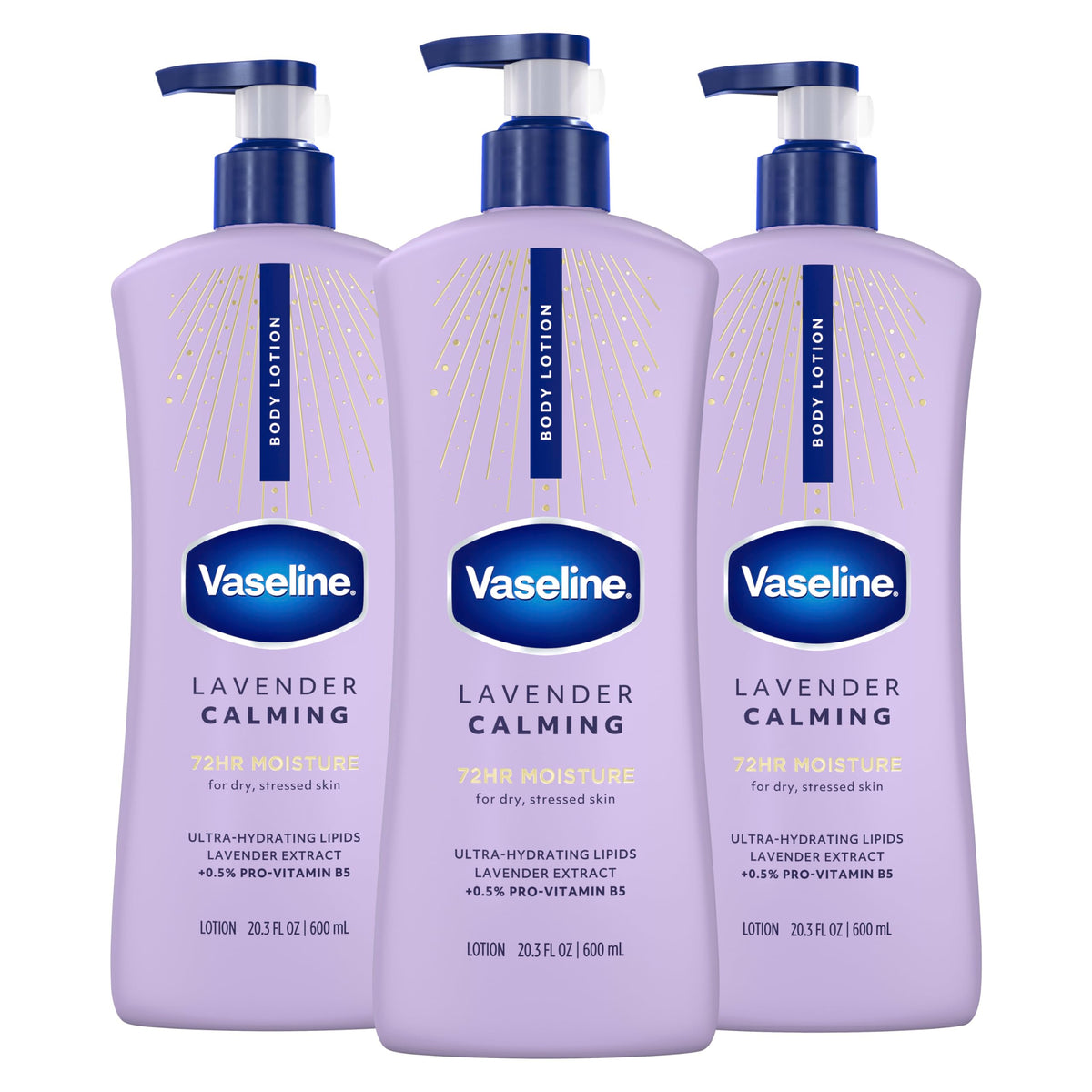 Vaseline front packaging showing three 20.3 oz bottles and value savings