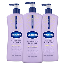 Vaseline front packaging showing three 20.3 oz bottles and value savings