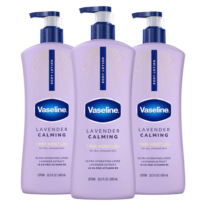 Vaseline front packaging showing three 20.3 oz bottles and value savings