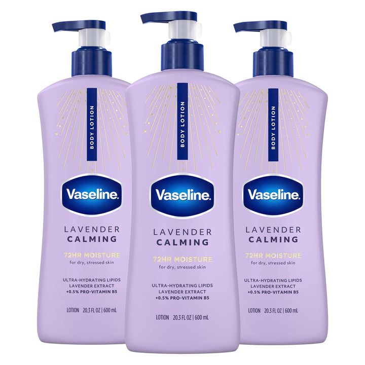 Vaseline front packaging showing three 20.3 oz bottles and value savings