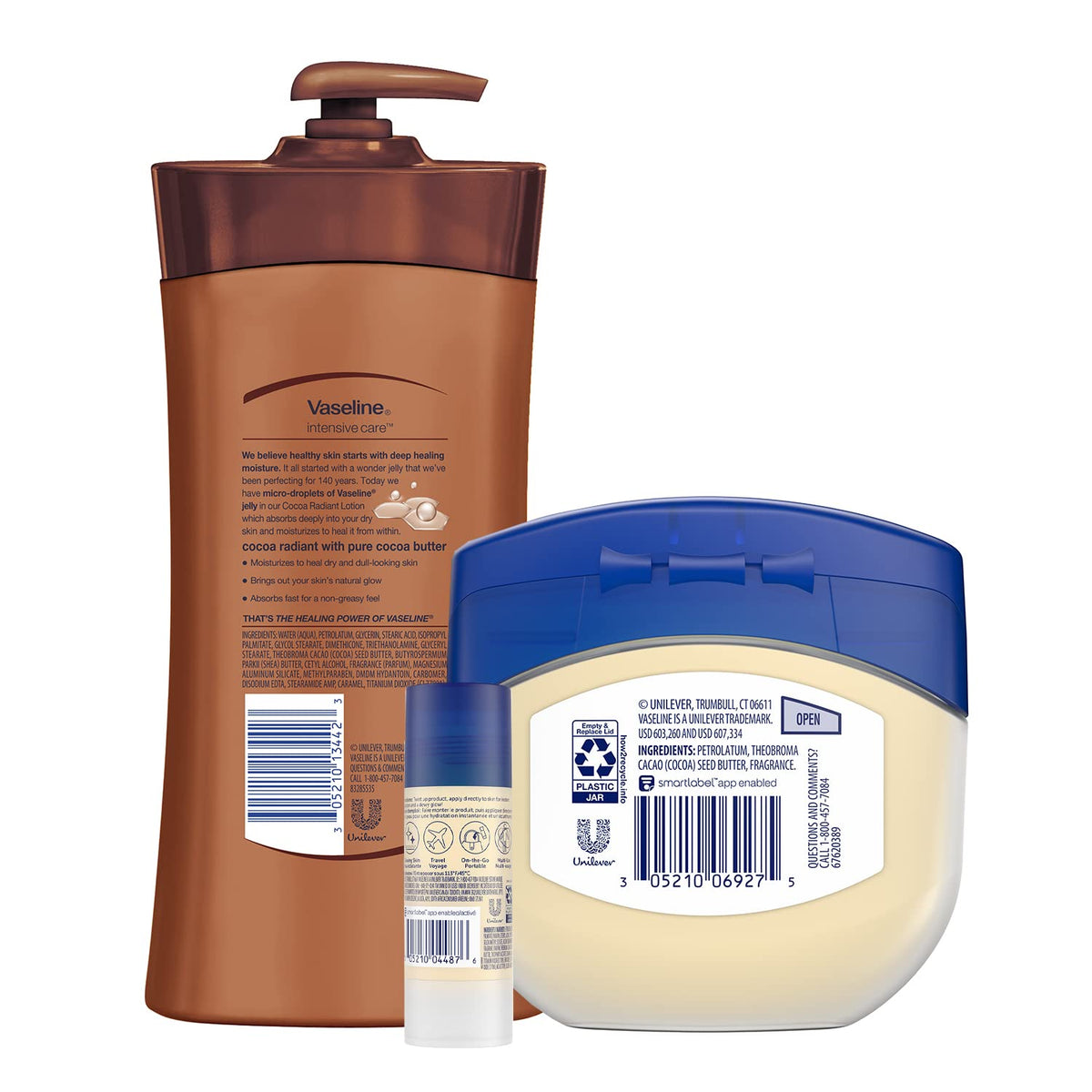 Vaseline healing jelly tub top view highlighting cocoa butter and soothing repair
