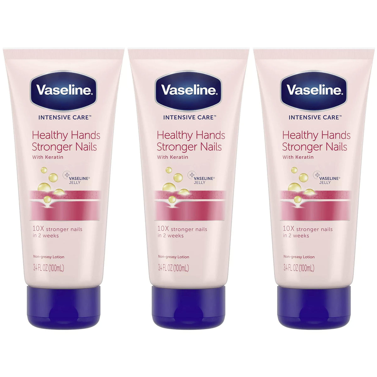 Vaseline front packaging showing three travel-size tubes and benefits