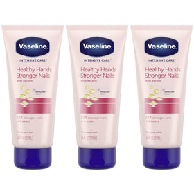 Vaseline front packaging showing three travel-size tubes and benefits