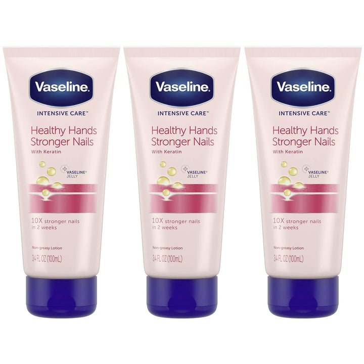 Vaseline front packaging showing three travel-size tubes and benefits