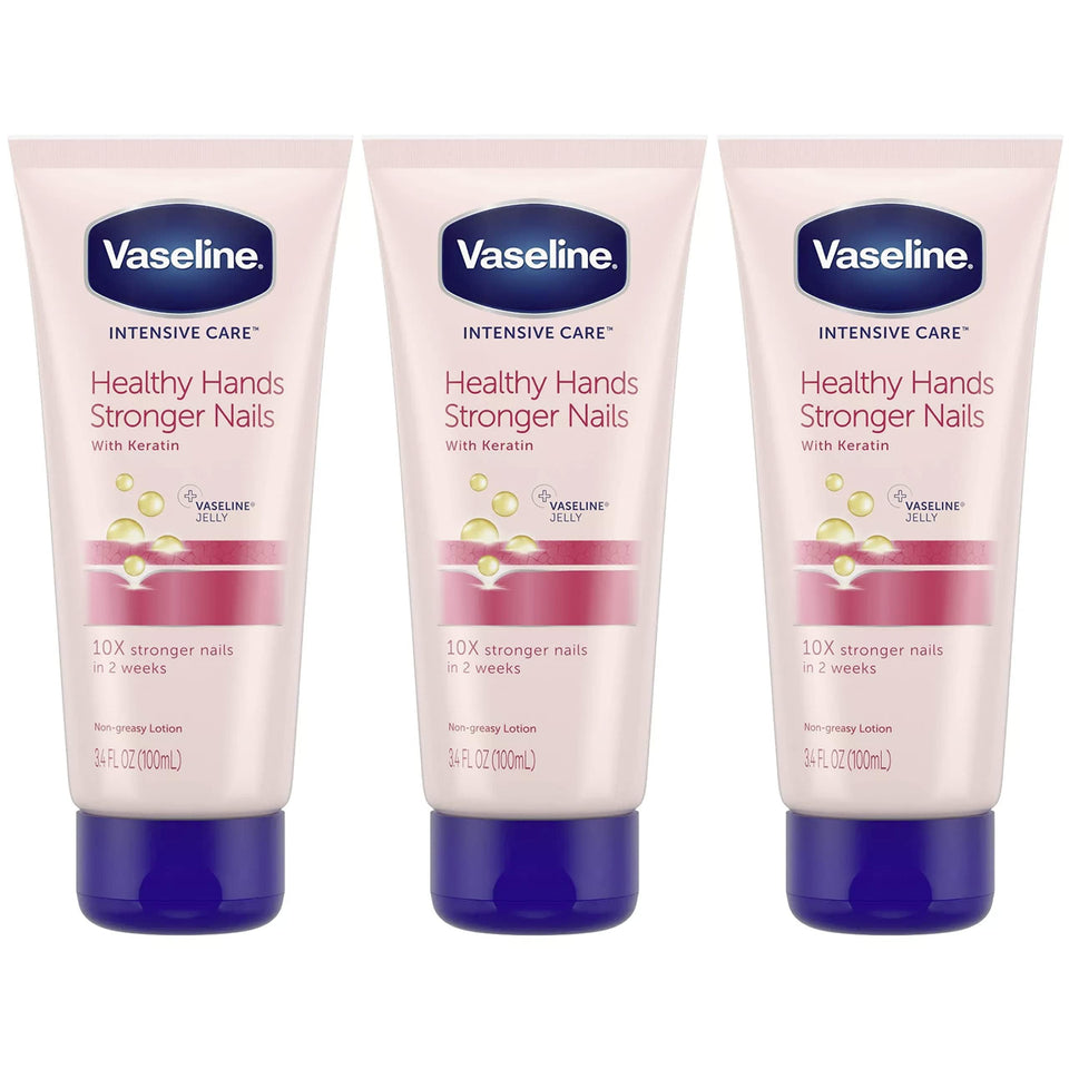 Vaseline front packaging showing three travel-size tubes and benefits