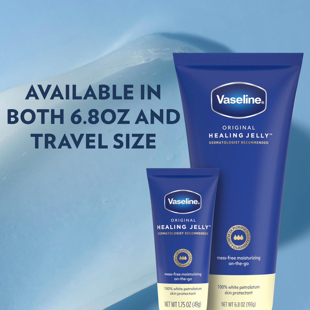 Label close-up highlighting Vaseline purity guarantee and single-ingredient benefit