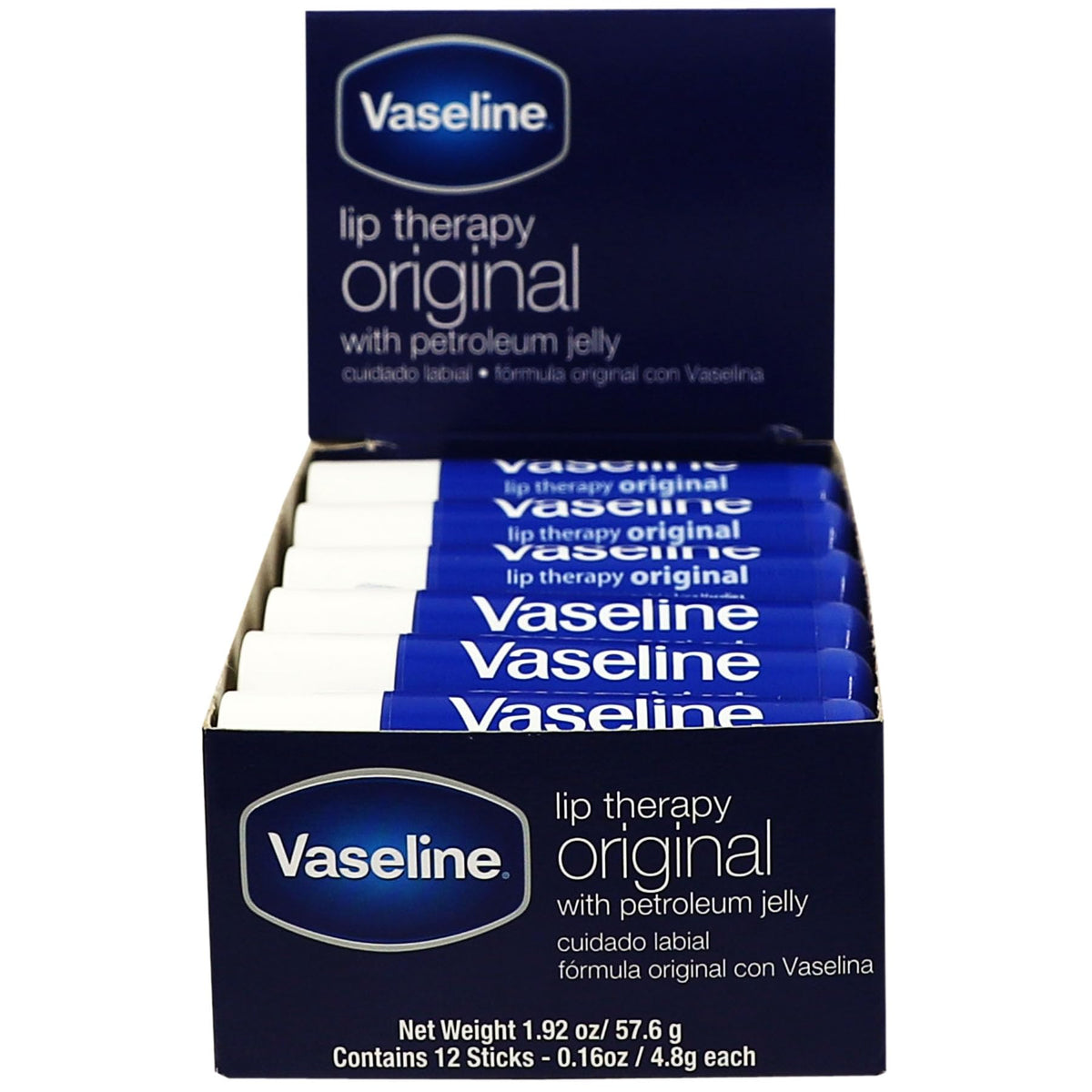 Vaseline front packaging showing twelve lip therapy sticks for reliable moisture