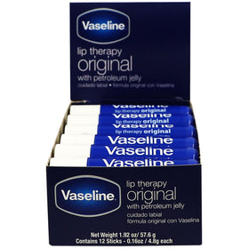 Vaseline front packaging showing twelve lip therapy sticks for reliable moisture