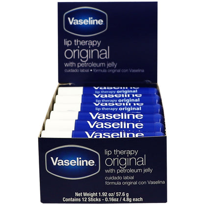 Vaseline front packaging showing twelve lip therapy sticks for reliable moisture
