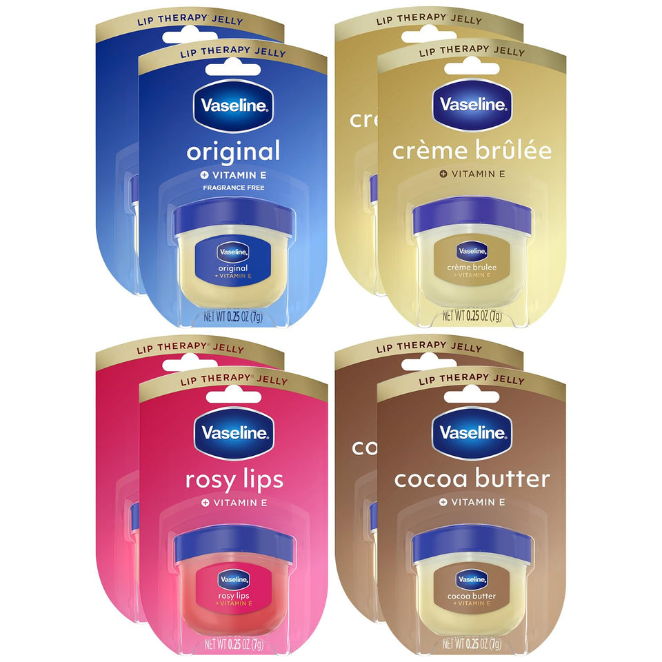 Vaseline lip therapy 8-pack front display showing all four varieties and convenience