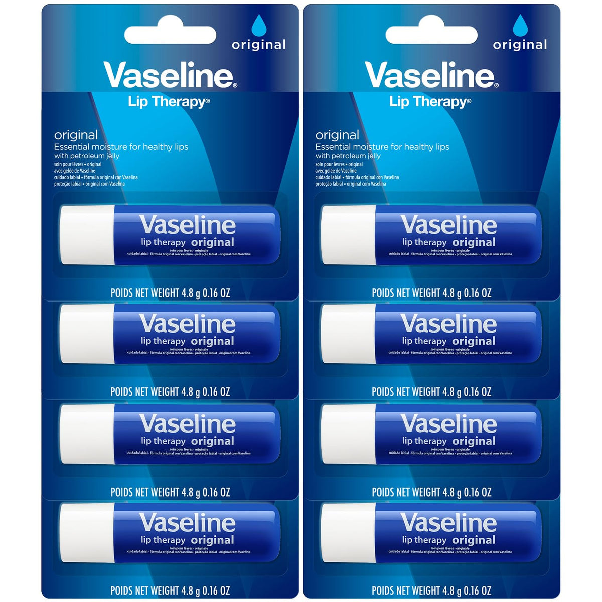 Vaseline front packaging showing eight travel lip balms for reliable hydration