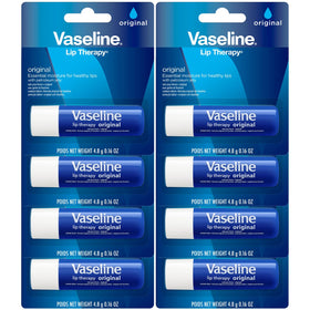 Vaseline front packaging showing eight travel lip balms for reliable hydration