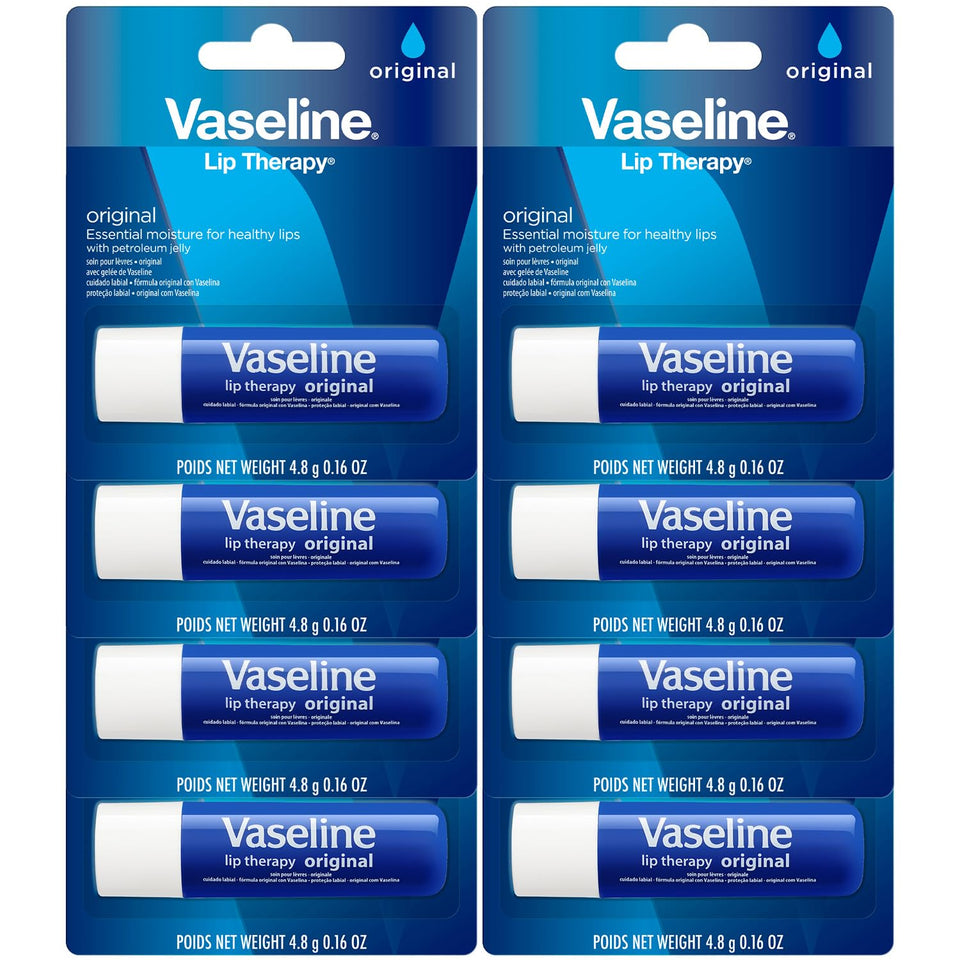 Vaseline front packaging showing eight travel lip balms for reliable hydration