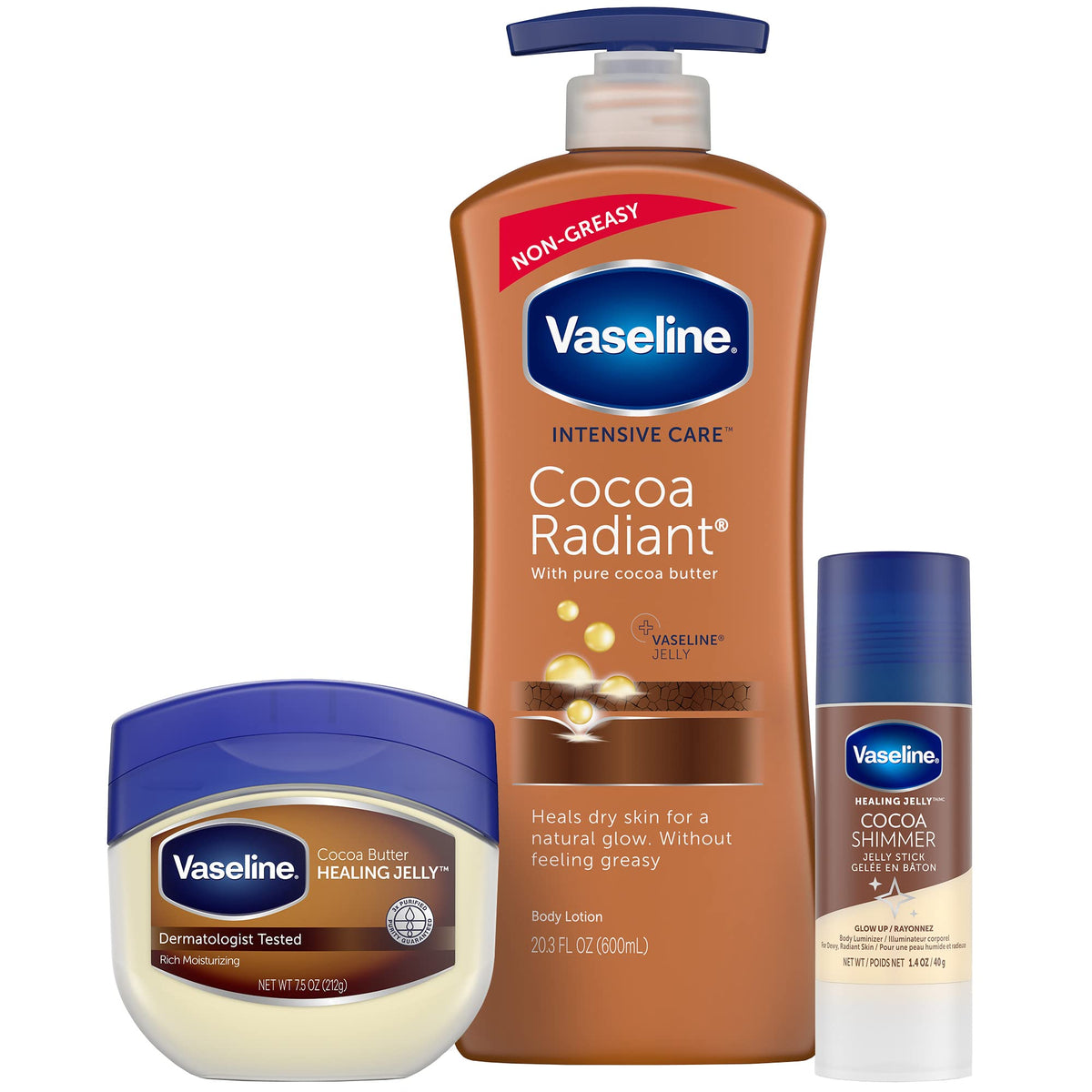 Vaseline intensive care lotion front view showing full-size bottle and cocoa benefit